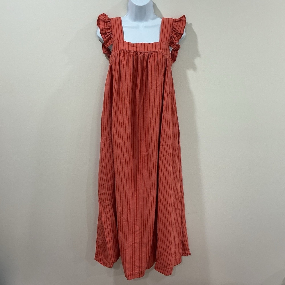 Aline Flutter Sleeve Striped Linen Blend Dress Sz Small Cottagecore Prairie Boho